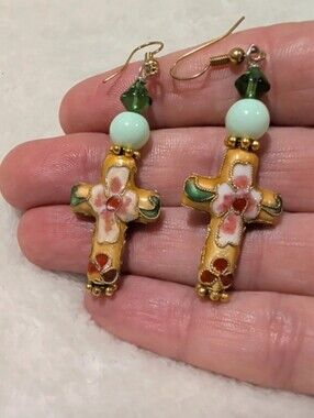 Cloisonné floral cross drop earrings with beaded accents